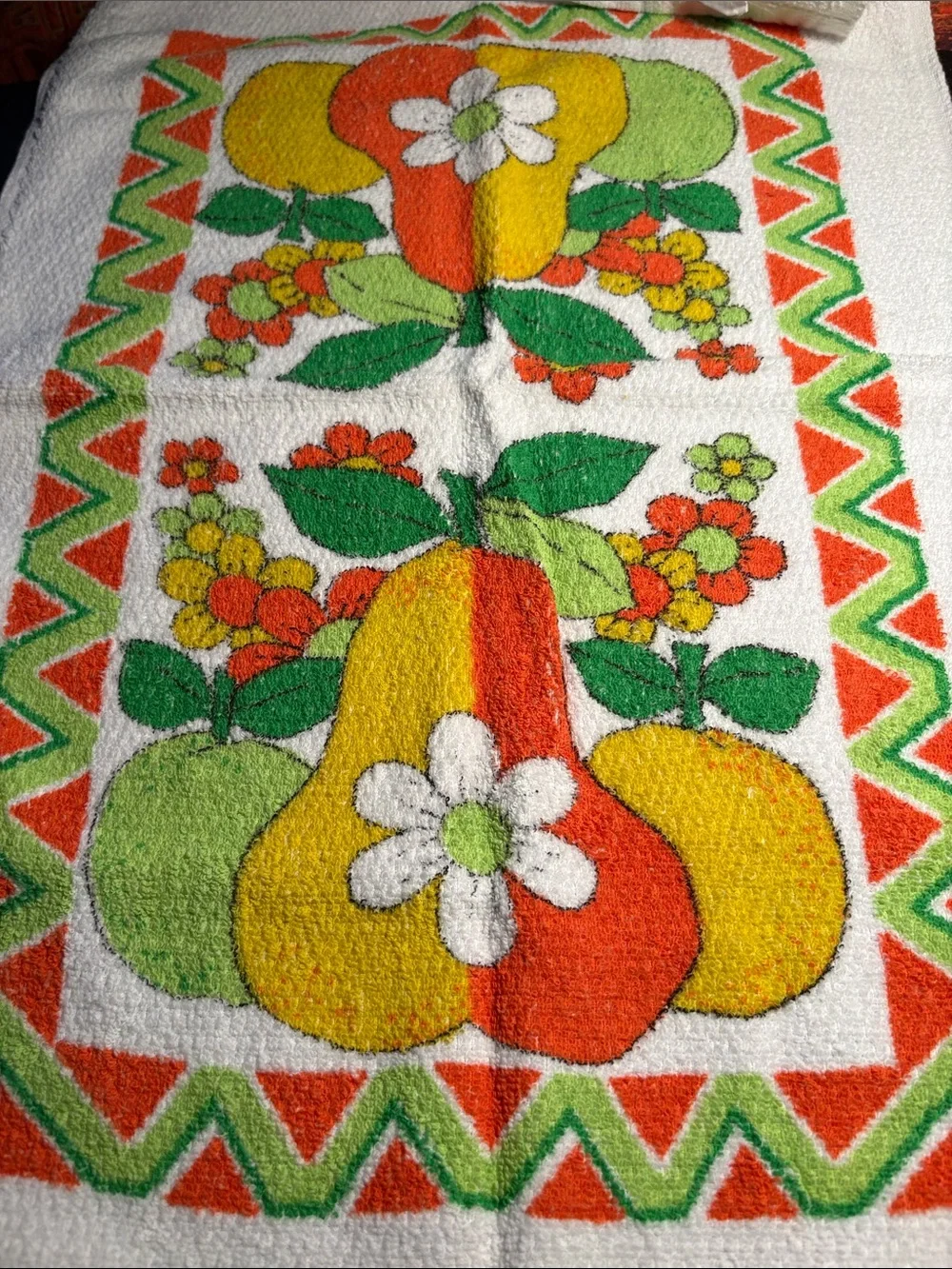 Vintage kitchen towel Floral Pear- Orange, Yellow & Green RR